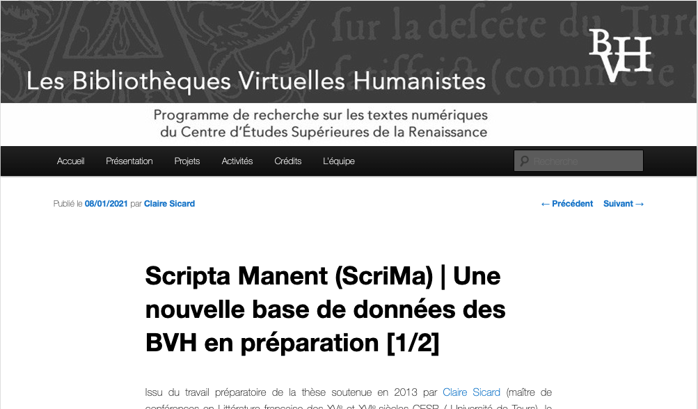 Screenshot of the Biblioteques virtuelles humanistes webpage
